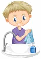 Vector gratuito niño limpiando las manos sobre fondo blanco