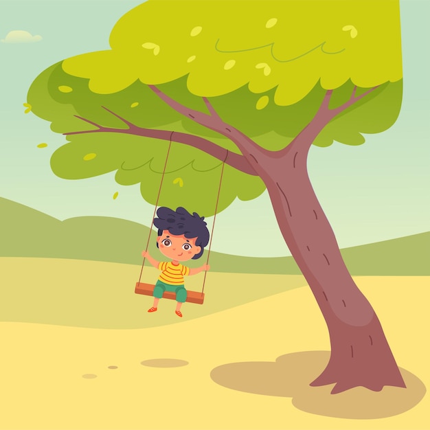 Niño lindo en columpio en el parque niño feliz montando en columpios colgando de un árbol Niño jugando en el patio de juegos al aire libre ilustración de juegos infantiles