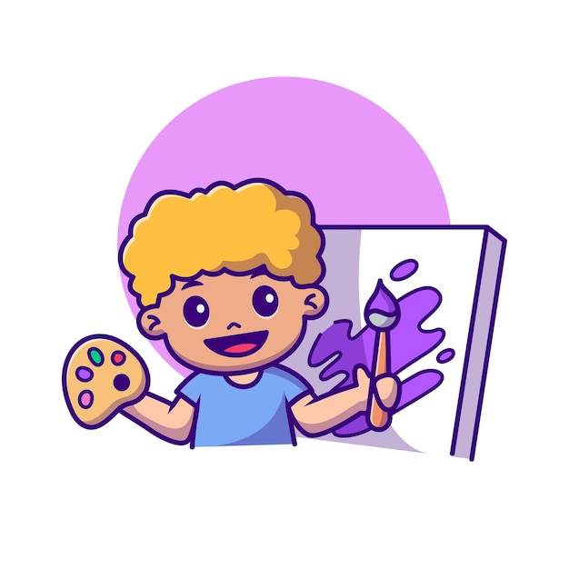 Vector gratuito el niño lindo pintando el icono vectorial de dibujos animados la ilustración de la gente el icono de la educación el vector plano aislado