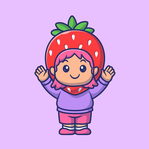 Niño lindo con traje de fresa Dibujos animados Vector Icono Ilustración Gente Comida Icono Aislado Plano