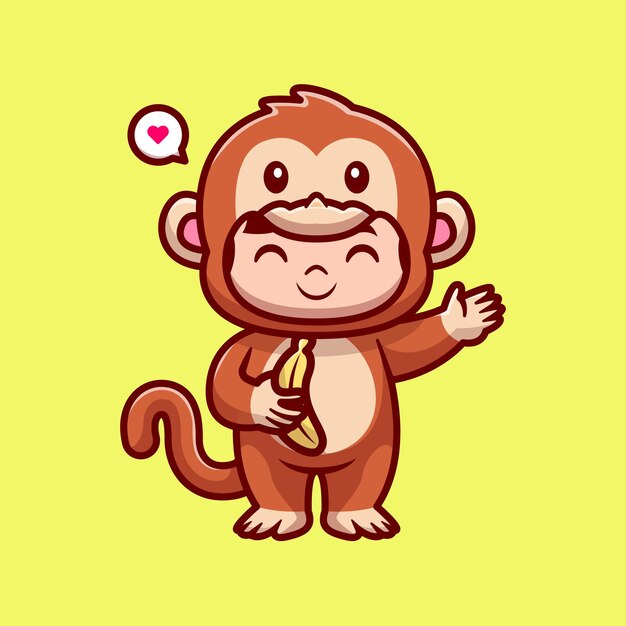 Niño lindo con traje de mono con ilustración de icono de vector de dibujos animados de plátano. gente, animal, aislado