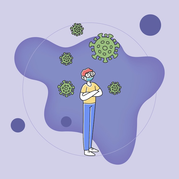 Niño con máscara de protección rodeado de virus