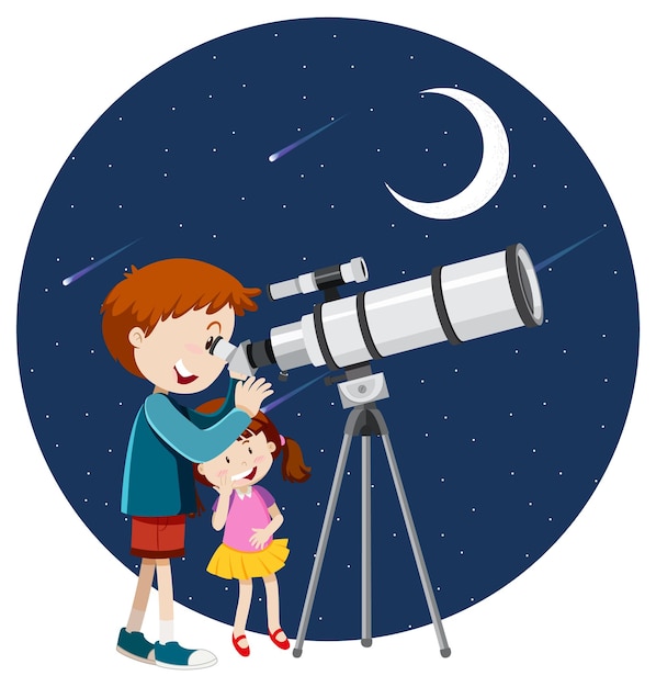 Un niño mirando a través del telescopio por la noche.