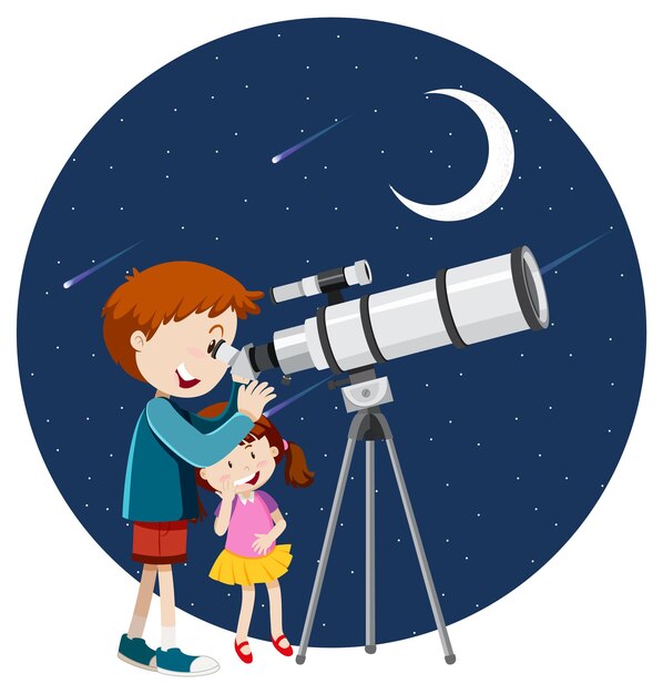 Un niño mirando a través del telescopio por la noche.