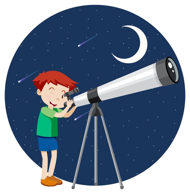 Un niño mirando a través del telescopio por la noche.