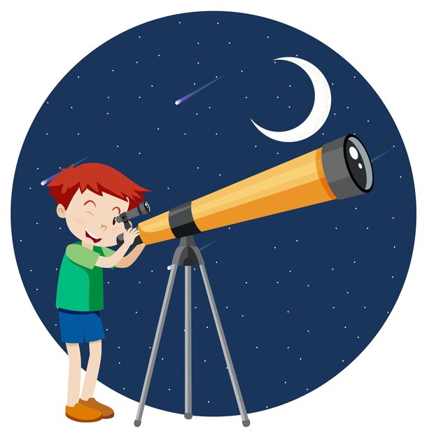 Un niño mirando a través del telescopio por la noche.