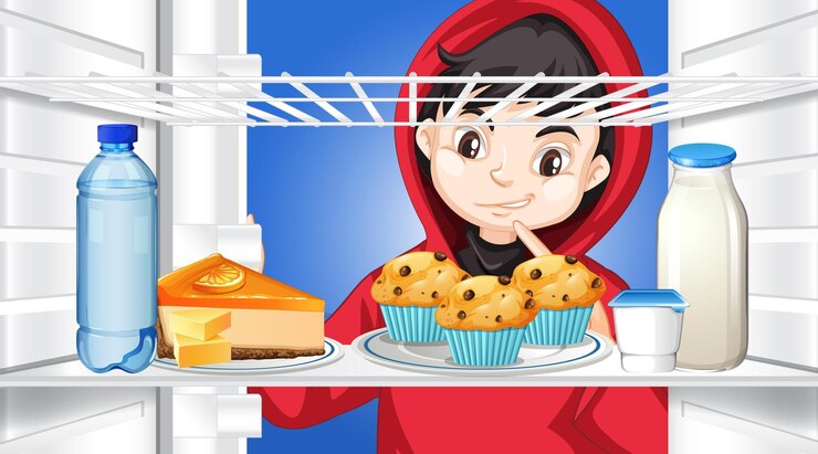 Vector gratuito niño mirando verduras en nevera