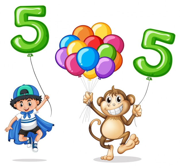 Vector gratuito niño y mono con globo número cinco