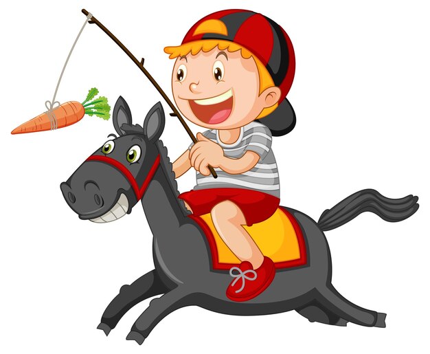 Niño montando un caballo pescando una zanahoria