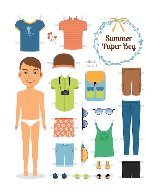 Niño Muñeca De Papel Con Ropa Y Zapatos De Verano. Linda Muñeca De Papel De  Vestir. Plantilla De Cuerpo, Atuendo Y Accesorios. Colección De Verano |  Vector Gratis