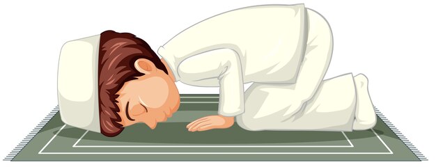 Niño musulmán árabe orando en vestimentas tradicionales aislado sobre fondo blanco.