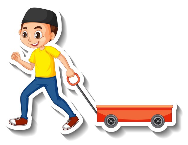 Un niño musulmán tirando de un personaje de dibujos animados de carro