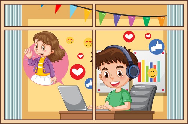 Un niño navegando por las redes sociales en una laptop en casa