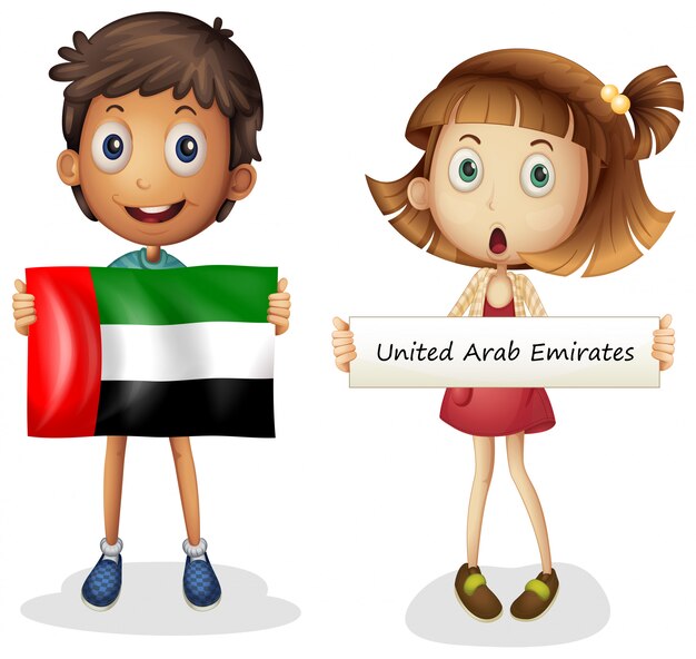 Niño y niña con la bandera de los Emiratos Árabes Unidos