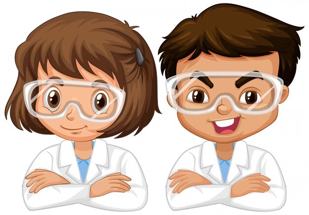 Niño y niña en bata de ciencia en blanco