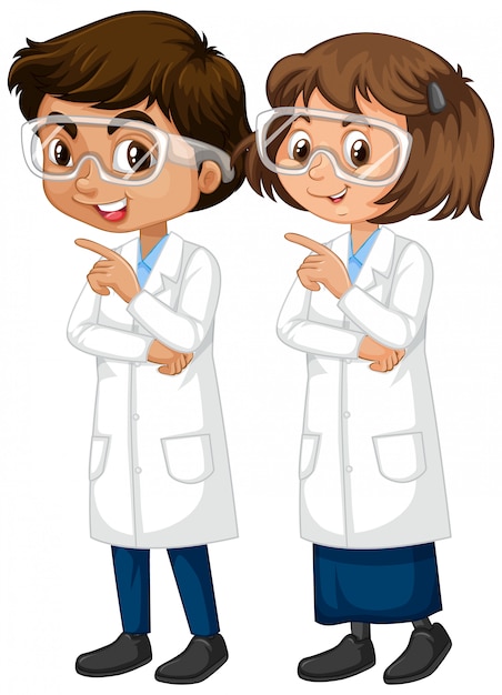 Niño y niña en bata de ciencia de pie en blanco