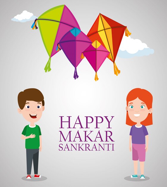 Niño y niña con cometas makar sankranti