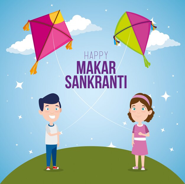 Niño y niña con cometas makar sankranti