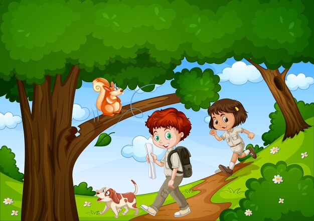 Niño y niña disfrutan en el parque con una linda escena de animales