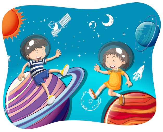 Niño y niña flotando en el espacio.