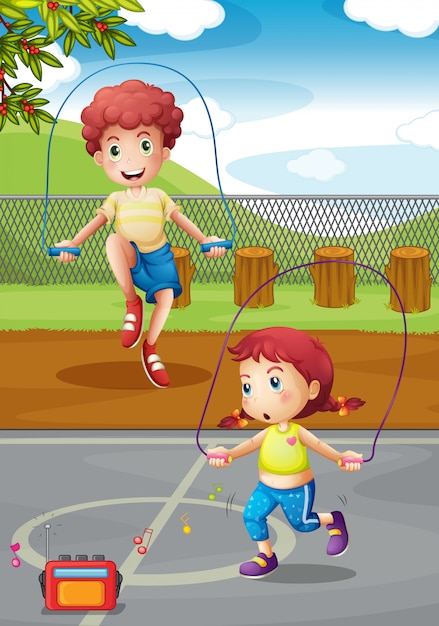 Vector gratuito niño y niña haciendo saltar la cuerda en el parque