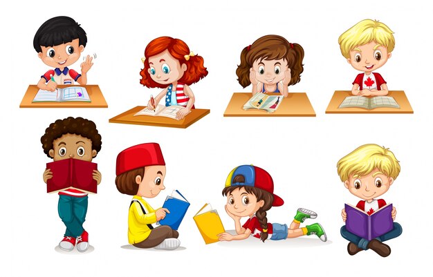 Niño, niña, lectura, escritura, Ilustración