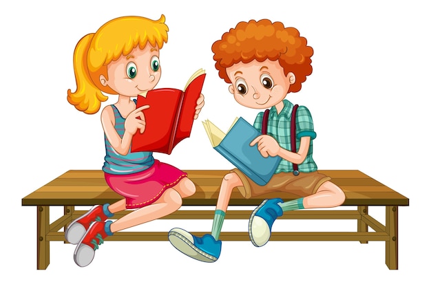 Vector gratuito niño y niña, leer un libro