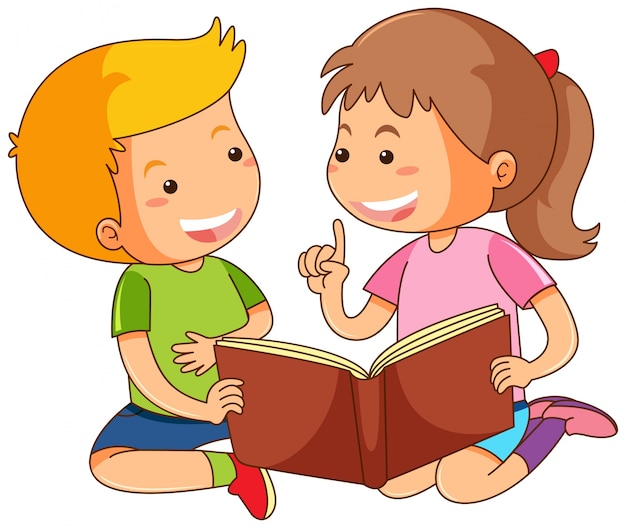 Niño y niña leyendo el libro de cuentos