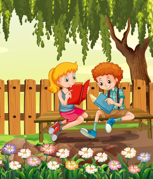 Niño y niña leyendo un libro en la escena del jardín