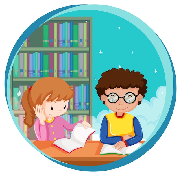 Vector gratuito niño y niña leyendo un libro sobre fondo blanco.