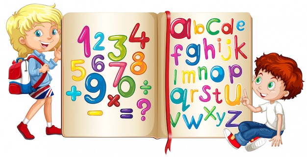 Niño y niña por libro de números y alfabetos