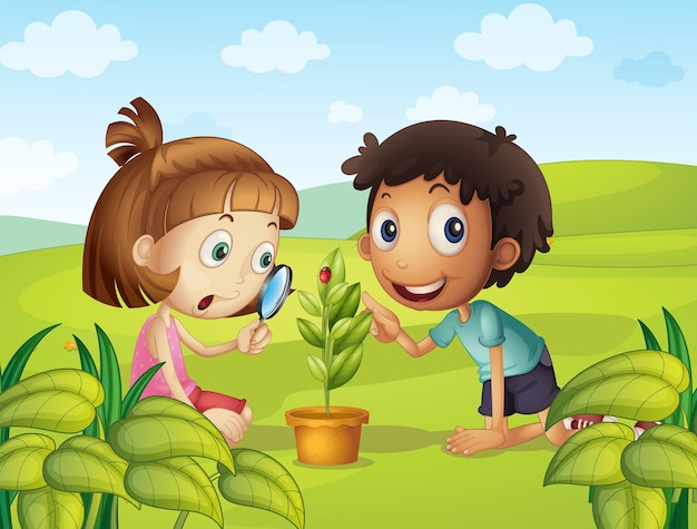 Vector gratuito niño y niña mirando mariquita en hoja