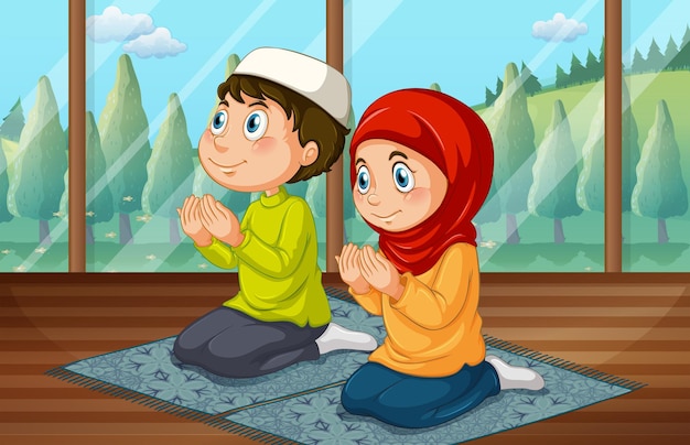 Niño y niña musulmana rezando en la habitación.