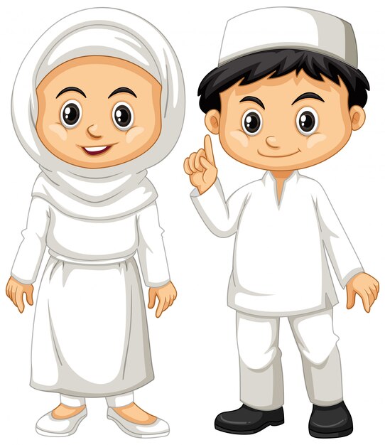 Niño y niña musulmanes en traje blanco