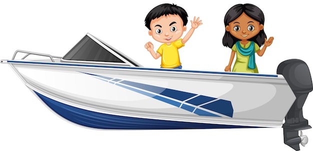 Vector gratuito niño y niña de pie en un barco a alta velocidad sobre un fondo blanco.