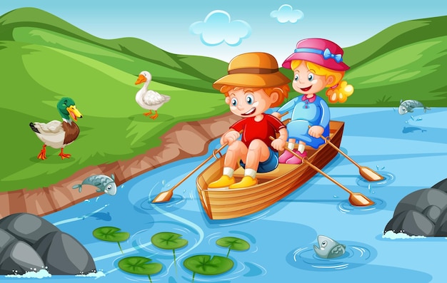 Vector gratuito niño y niña reman el bote en el parque natural