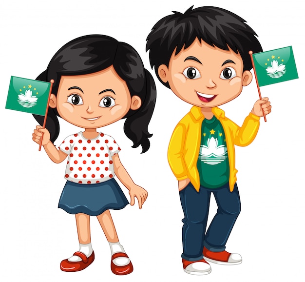 Vector gratuito niño y niña sosteniendo la bandera de macao