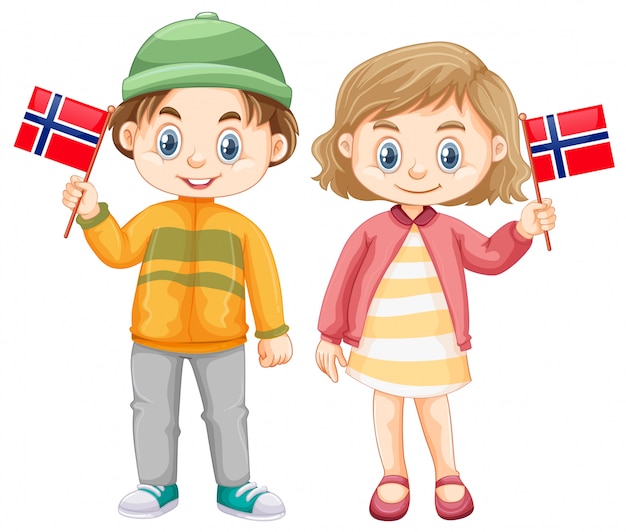 Niño y niña sosteniendo la bandera de noruega