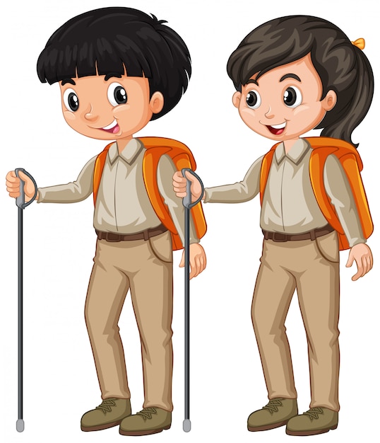 Niño y niña en traje de explorador senderismo en blanco