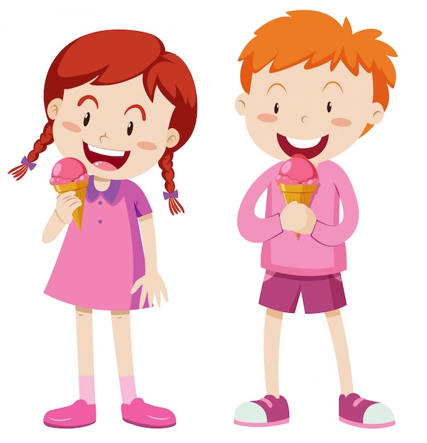 Niño y niña en traje rosa con helado