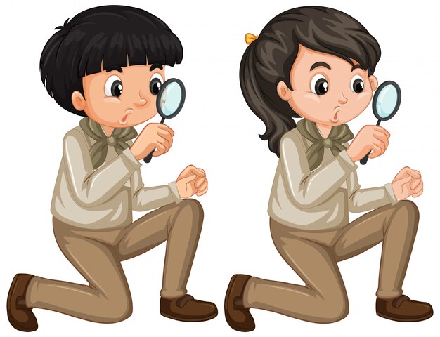 Niño y niña en uniforme scout sobre fondo blanco.