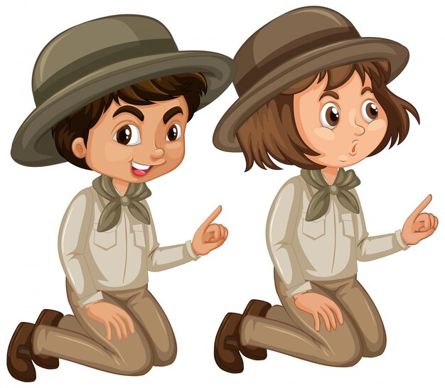 Niño y niña en uniforme scout sobre fondo blanco.