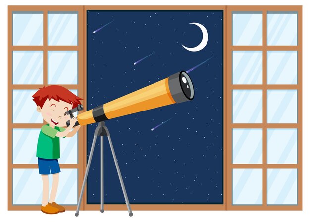 Un niño observa el cielo nocturno con telescopio.