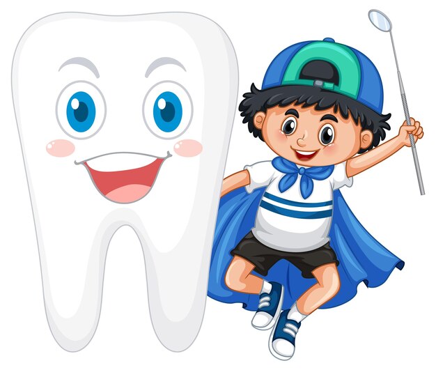 Un niño pequeño que sostiene un espejo dental con un diente grande en el respaldo blanco