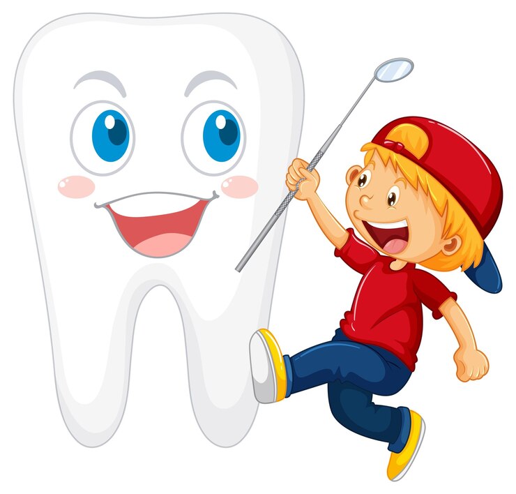 Vector gratuito un niño pequeño que sostiene un espejo dental con un diente grande en el respaldo blanco