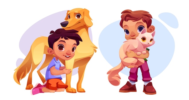 Vector gratuito niño con perro y gato