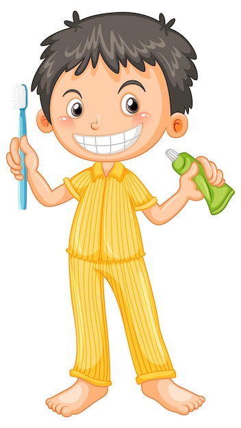 Vector gratuito niño en pijama con cepillo de dientes y pasta de dientes
