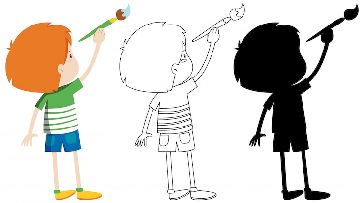 Vector gratuito niño con pincel con su contorno y silueta