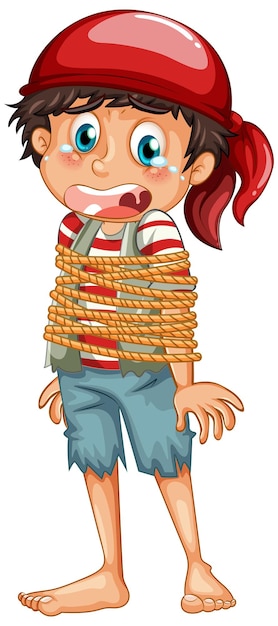 Un niño pirata tiene una cuerda alrededor de su cuerpo personaje de dibujos animados aislado