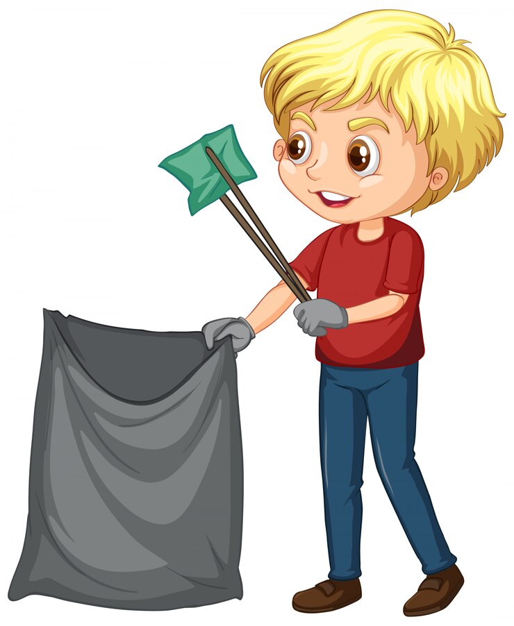 Vector gratuito niño recogiendo basura en blanco